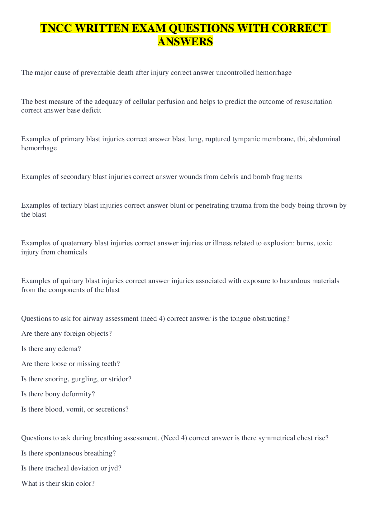Preview image for TNCC WRITTEN EXAM QUESTIONS WITH CORRECT ANSWERS